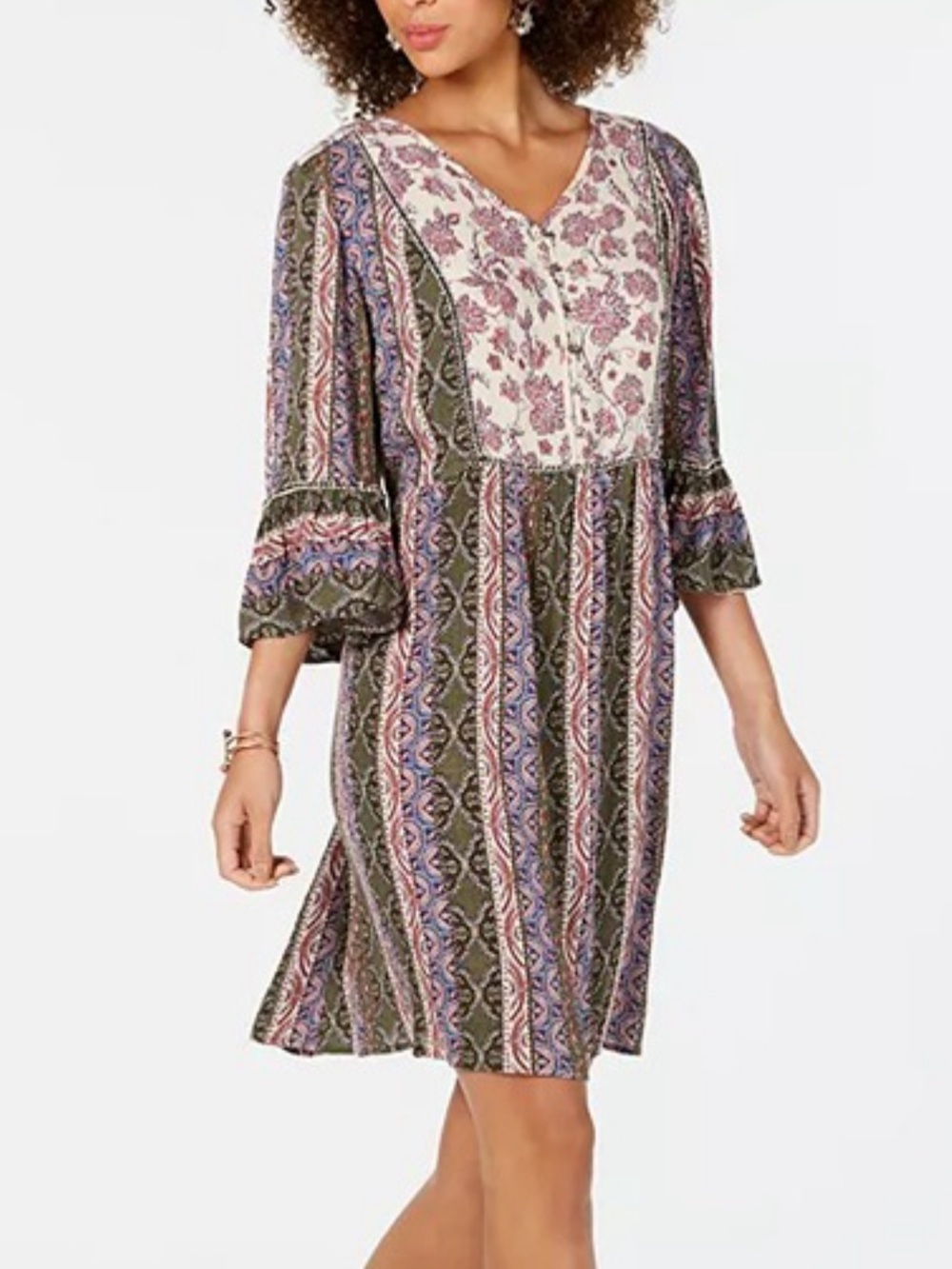 Style & Co. Olive green Lavender striped multicolor bell sleeve boho dress PM